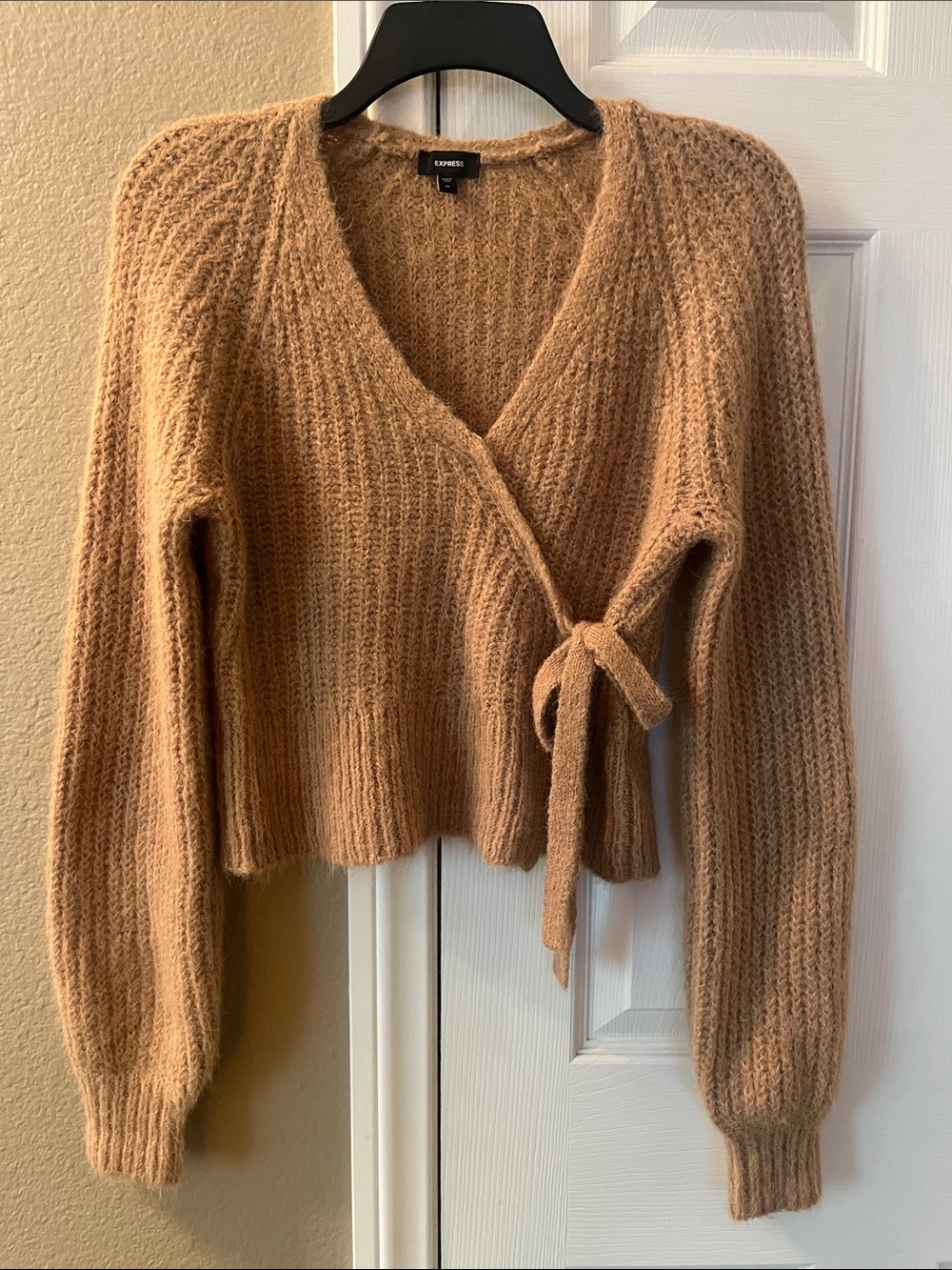 Express Women's Camel Wrap Tie V-Neck Fuzzy Knit Sweater